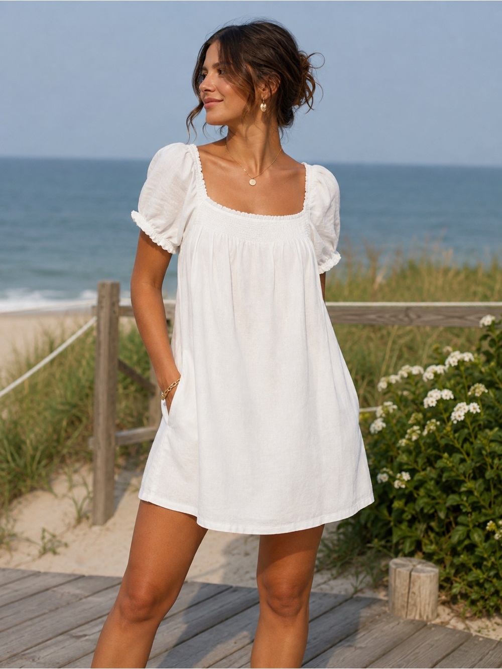 White Puff- Linen blend square neck midi dress.